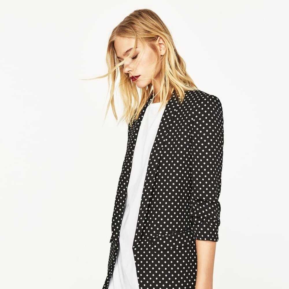 Zara Polka Dot Blazer with Ruched Sleeves (Sz Small)